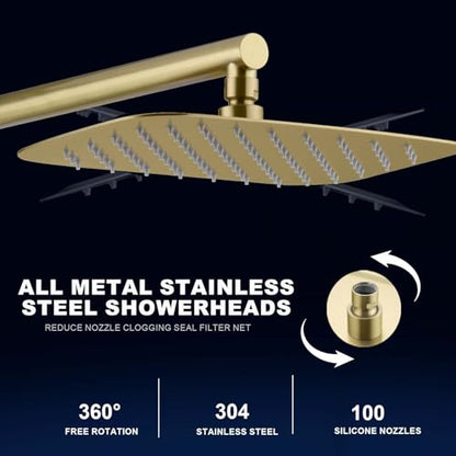 SonTiy Rain Shower Head with Handheld Spray and Shower Shelf Caddy, 12Inch Shower Head System with Height Adjustable Holder Compelete Shower Set, Brushed Gold - color: Brushed Gold, style: 1.8 Gallons Per Minute-Square
