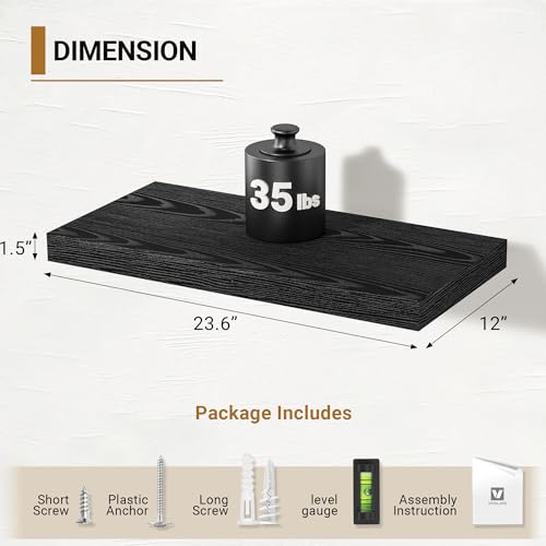 Vivelove 24 Inches Black Floating Shelves, 12 Inch Deep, Set of 2 | Invisible Brackets, Easy Mount Shelf with Hardware Kit, for Bathroom Bedroom Living Room Kitchen, Engineered Wood - color: Black, size: 23.6”wx12”dx1.5”h