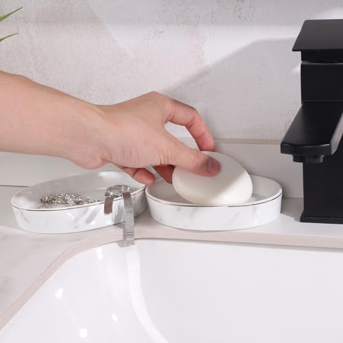 Soap Dish, Ceramic White Marble Soap Holder Soap Bar Holder, Oval Soap Dish for Shower Bathroom Kitchen Sink, Easy Clean, ANTIS'S HOME