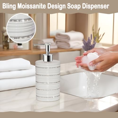 White Ceramic Soap Dispenser with Silver Pump for Bathroom, Refillable Liquid Hand Soap Dispenser, Bling Moissanite Design for Kitchen Dish Soap, Hand Soap, Pump Bottle for Liquid