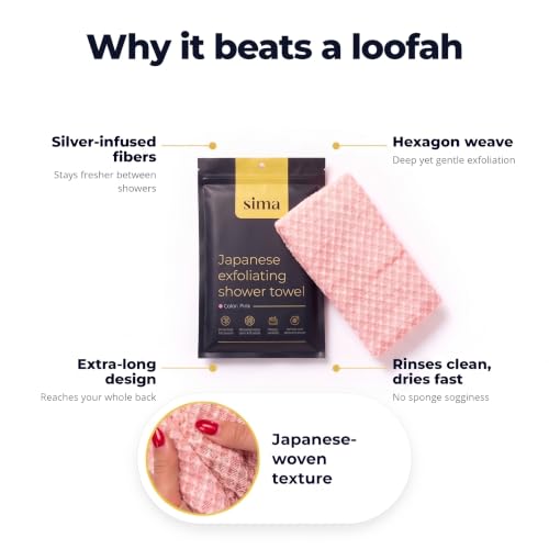 SIMA Exfoliating Face & Body Scrub Towel, 47" x 10" (Pink) | Japanese Exfoliating Washcloth with Hexagon Fibers, 2 Sides for Scrubbing & Washing, Extra Long Bath Towel - color: Pink