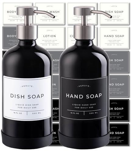 Hand and Dish Soap Dispenser for Kitchen and Bathroom, Set of 2 16 Oz Glass Bottles, Stainless Steel Pumps, Non-Slip Silicone Base, 27 Waterproof Labels (Gloss Black Bottle/Brushed Silver Pump) - color: Gloss Black Bottle / Brushed Silver Pump