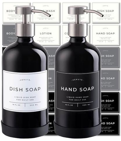 Hand and Dish Soap Dispenser for Kitchen and Bathroom, Set of 2 16 Oz Glass Bottles, Stainless Steel Pumps, Non-Slip Silicone Base, 27 Waterproof Labels (Gloss Black Bottle/Brushed Silver Pump) - color: Gloss Black Bottle / Brushed Silver Pump