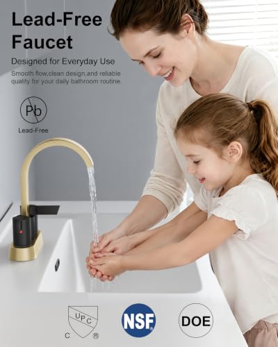 Gold and Black Bathroom Faucet,4 Inch Centerset 2-Handle Waterfall | Includes Pop-Up Drain,24-Inch Supply Lines,Mounting Hardware,SUS304 Stainless Steel Construction,And A 360° Swivel Spout - color: Gold and Black