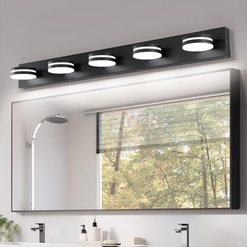 5 Light Bathroom Vanity Light, 30W LED Black Bathroom Light Fixtures Over Mirror, Dimmable Bath Lights, Wall Sconce Light with Milky White Acrylic Shades, Rotatable Lights Head - color: Matte Black-Dimmable