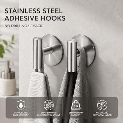 2 Pack Waterproof Adhesive Tissue Wall Hooks, Sticky Mount Hooks for Towel, Robe, Clothes-Silvery - color: Silvery