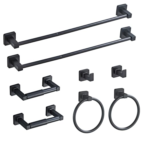 Matte Black Bathroom Hardware Set 8 Pieces,Towel Bar Set Stainless Steel Wall Mounted, Includes 23.6In Hand Towel Bar, Towel Ring, Robe Towel Hooks,Toilet Paper Holder, Bathroom Towel Rack Set - color: Matte Black-8pcs, size: 23.6Inch