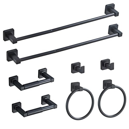 Matte Black Bathroom Hardware Set 8 Pieces,Towel Bar Set Stainless Steel Wall Mounted, Includes 23.6In Hand Towel Bar, Towel Ring, Robe Towel Hooks,Toilet Paper Holder, Bathroom Towel Rack Set - color: Matte Black-8pcs, size: 23.6Inch