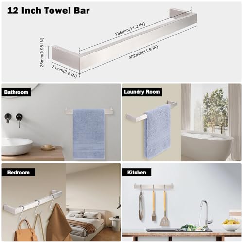 Livabber Square Bath Towel Bar, 304 Stainless Steel Towel Rack, Heavy Duty Towel Holder Wall Mounted for Bathroom Accessories, Kitchen, Brushed Nickel (12 Inch) - size: 12 Inch