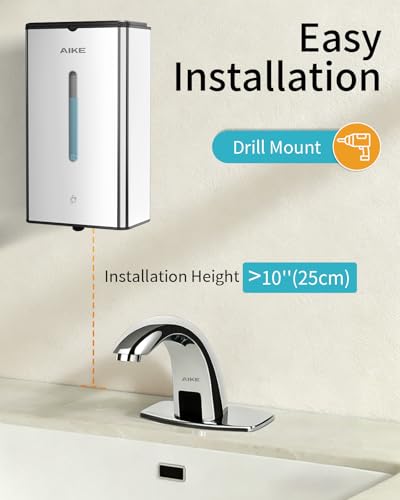 AIKE Automatic Foaming Soap Dispenser 33.8oz for Bathroom,Polished AK1207FA | Rich Foam and Steel Finish,5-Level Adjustable and Key for Commercial(Battery Not Included),Screw Wall Mount for Space-Saving - color: Polished Stainless Steel