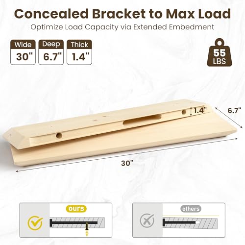 Acovy 30in Solid Spruce Wood Floating Shelves with Beveled Bottom Edges, Wooden Floating Shelf with Heavy-Duty Bracket for Living Room Bathroom Bedroom Kitchen, Rustic Natural, DIY Available, 2 Packs - color: Rustic Natural, size: 30"-2 Packs
