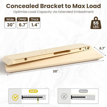 Acovy 30in Solid Spruce Wood Floating Shelves with Beveled Bottom Edges, Wooden Floating Shelf with Heavy-Duty Bracket for Living Room Bathroom Bedroom Kitchen, Rustic Natural, DIY Available, 2 Packs - color: Rustic Natural, size: 30"-2 Packs