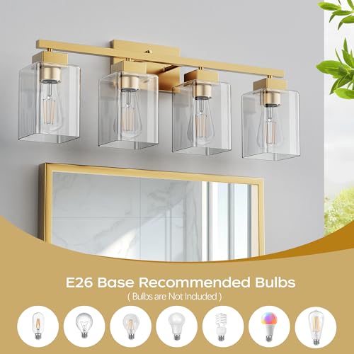 4-Light Bathroom Light Fixtures, Brushed Gold Modern Vanity Lights, Bathroom Lighting Fixtures Over Mirror, Square Design Farmhouse Wall Sconces with Clear Glass Shades - color: Brushed Gold, size: 4-Light