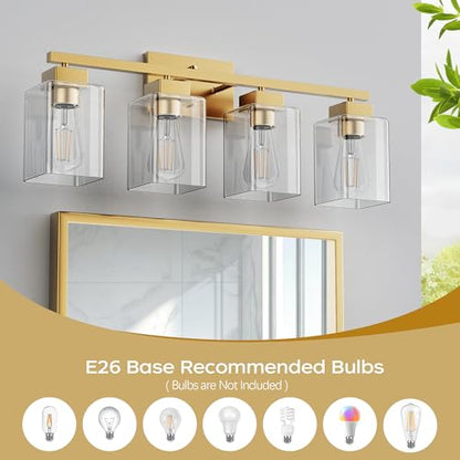4-Light Bathroom Light Fixtures, Brushed Gold Modern Vanity Lights, Bathroom Lighting Fixtures Over Mirror, Square Design Farmhouse Wall Sconces with Clear Glass Shades - color: Brushed Gold, size: 4-Light
