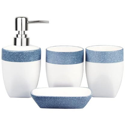 Bathroom Accessories Set of Ceramic soap Dispenser, 2 Toothbrush Cups, soap Dish, Exquisite Snowflake Glaze Technology Bathroom Accessories 4-Piece Set (Blue)