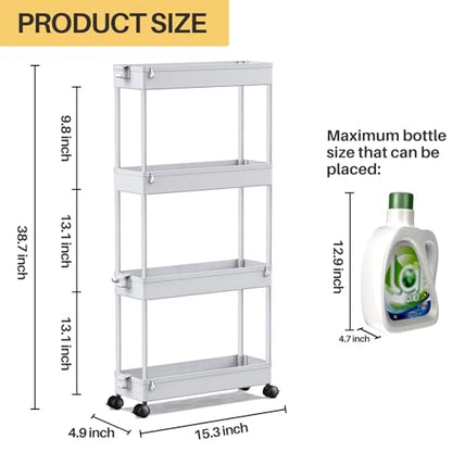 SPACEKEEPER Slim Rolling Storage Cart 4 Tier Bathroom Organizer Mobile Shelving Unit Storage Rolling Utility Cart Tower Rack for Kitchen Bathroom Laundry Narrow Places, Gray | Narrow Rolling Cart with Wheels for Kitchen Office Bathroom Laundry Room,Mobile