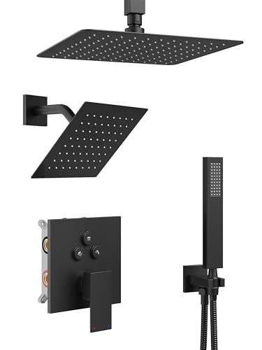 Black Shower System, All Metal Dual Rain Shower Head with Handheld | 3-In-1 Push Button Valve and Trim Kit, Matte Black SUS304 10" Ceiling & 8" Wall Mount Heads, Bathroom Shower Faucet Set - color: Matte Black