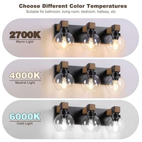 Farmhouse Bathroom Light Fixtures, 3-Light Rustic Wood Bathroom Lights Over Mirror with Glass Globe Shades, Matte Black Wall Mounted Lamp Vanity Lights for Bathroom Bedroom Living Room Cabinet - size: 3-Light