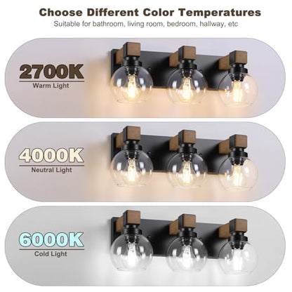 Farmhouse Bathroom Light Fixtures, 3-Light Rustic Wood Bathroom Lights Over Mirror with Glass Globe Shades, Matte Black Wall Mounted Lamp Vanity Lights for Bathroom Bedroom Living Room Cabinet - size: 3-Light