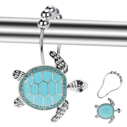 Blue Sea Turtle Decorative Shower Curtain Hooks and Rings Set,12 Pieces,Roller Ball, Stainless Steel,Cute Ocean Animal Decor, Beach Shower Hooks,Rustproof,for Home Living & Bathroom Decor