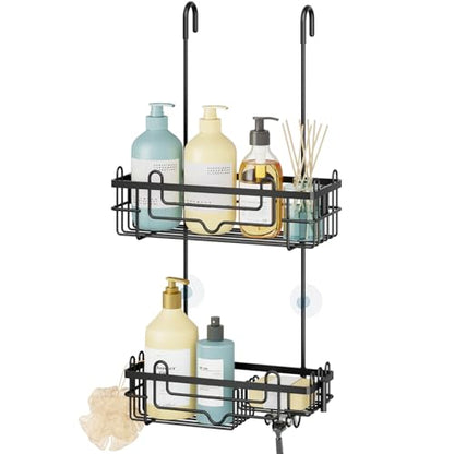 Consumest Over the Door Shower Caddy - 2-Tier Hanging Shower Organizer with Soap Holder, Rustproof Bathroom Storage and Organizer Rack for Shampoo, Towels, and Toiletries, Black