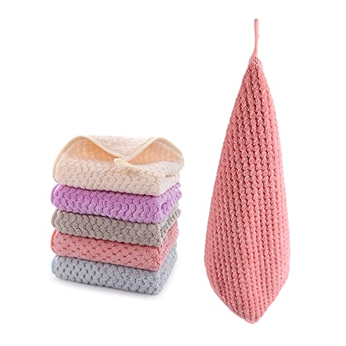 Onlup Small Towels with Hanging Loop, Hand Dry Towels | for Kitchen & Bathroom, Super Absorbent, Soft, Machine Washable Towel Fast Drying, Set of 5 - color: Beige, Pink, Purple, Gray, Blue