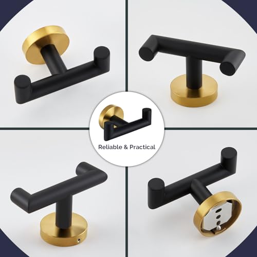Angle Simple Double Towel Hooks, Bathroom Robe Coat Hook 2 Pack, Black Gold | Solid Stainless Steel, Heavy Duty Dual Holder for Shower Closet Kitchen Living room Entryway, Screws Wall Mounted - color: Black & Gold, size: 2 Pack