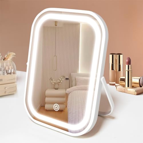 YEKKOPT Travel Makeup Mirror with Lights, Portable Small Beauty LED Vanity Mirror with Lights, 1200mAh Battery, Dimmable Touch Screen, Tabletop Folding Compact Mirror,Women Gift - color: White, size: 8"L x 6"W