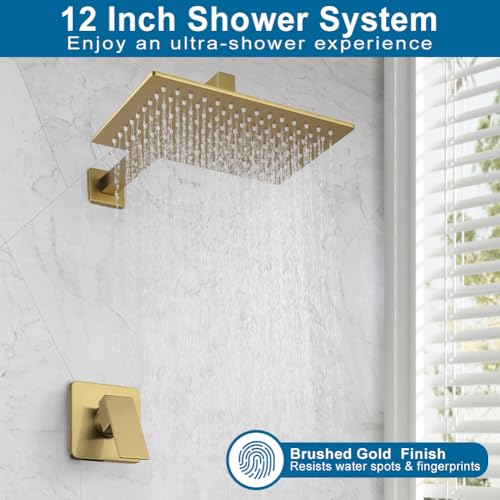 Shower Faucet Set Brushed Gold Bathroom Rainfall 12 Inch Shower Head and Handle Set Wall Mounted Shower System Single Function Shower Fixture, Include Shower Valve and Trim Kit - color: Brushed Gold, size: 12 Inch (Wall Mount)
