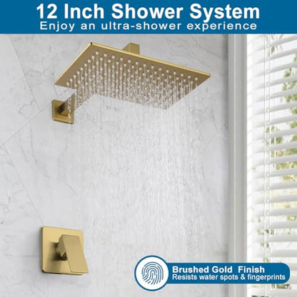 Shower Faucet Set Brushed Gold Bathroom Rainfall 12 Inch Shower Head and Handle Set Wall Mounted Shower System Single Function Shower Fixture, Include Shower Valve and Trim Kit - color: Brushed Gold, size: 12 Inch (Wall Mount)