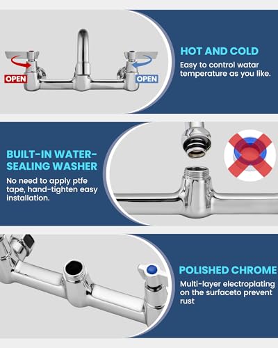 Airuida 8 Inch Chrome Polish Wall Mounted Kitchen Faucet with 10 Inch Spout | Commercial Sink Faucet,Dual Handles,Utility Sink Faucet,360° Swivel Spout - size: 10 Inches Spout
