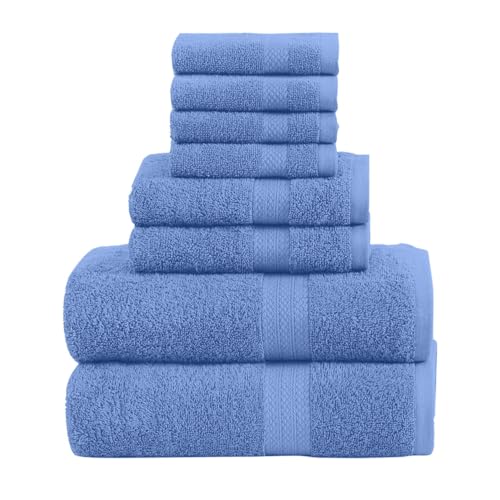 QUBA LINEN Pack of 8 Towels Set, 2 Large Bath Towels, 2 Hand Towels, 4 Wash Cloths, 100% Cotton, Lighter Weight, Quicker to Dry, Super Absorbent, Perfect for Bathroom (Blue) - color: Blue
