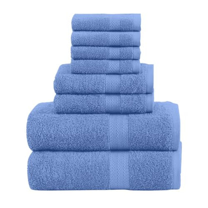 QUBA LINEN Pack of 8 Towels Set, 2 Large Bath Towels, 2 Hand Towels, 4 Wash Cloths, 100% Cotton, Lighter Weight, Quicker to Dry, Super Absorbent, Perfect for Bathroom (Blue) - color: Blue