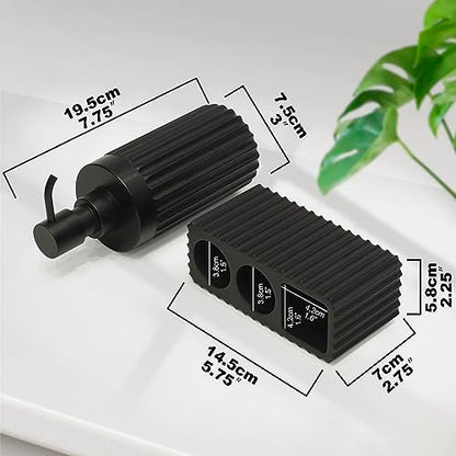 2PCS Bathroom Accessories Set with Large-Opening Ribbed Soap Dispenser and 3 Compartment Toothbrush&Toothpaste Holder,Resin Farmhouse Bathroom Decor Set Countertop Organizer-Matte Black
