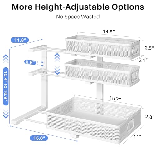 Under Sink Organizer, 3-Tier Thickened Metal Pull out Cabinet Organizer Shelf, Height Adjustable Slide out Storage Drawer Rack for Kitchen Bathroom Pantry Laundry Home Organization, 1-Pack, White | 35% Extra Storage Capacity, Carbon Steel, Hold Up 55lbs,
