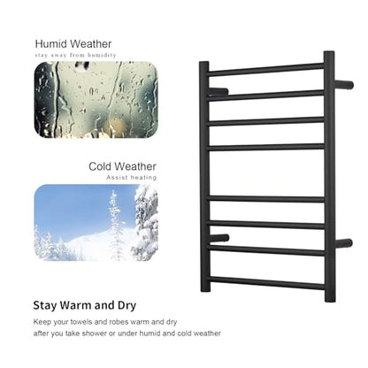 (1 Pack Yariwiz) Electric Towel Warmer for Bathroom Wall Mounted Drying Rack Plug-in Electric Heated Towel Rack Stainless Steel Round 8 Bars Bath Towel Heater Black - size: Size 2