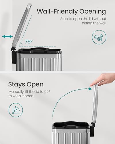 SONGMICS Bathroom Trash Can, 1.6-Gallon (6 L) Trash Bin with Lid, Slim for Small Spaces, Stainless Steel Garbage Can, Soft Close, Silver ULTB563E01 - color: Silver, style: 1.6 Gal. & fluted design