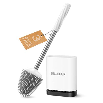 Silicone Toilet Brush, Ventilation Slots Base Holder 3 Pack, White | Flexible Bristles Flat Head for Rim, Hair Tangle-Free, Easy to Clean, Compact Design, Rustproof Handle, for Toilet/Sink/Tub - color: White-3pcs