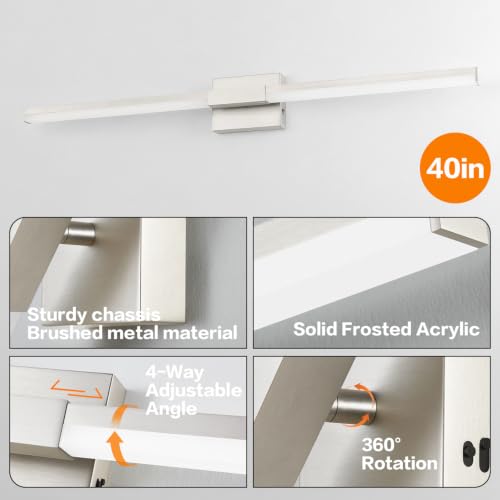 SOLFART Bathroom Light Fixture 40-Inch: Brushed Nickel Dimmable Vanity Lights for Bathroom, Built-in Dimmer, Thickened Aluminum Body, 360 Degree Rotation, ETL IP44 - color: Brushed Nickel-6000K, 5-Step Brightness Control, size: 40 inch