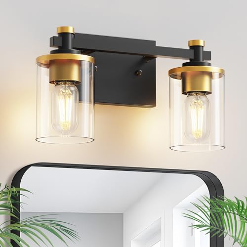 Bathroom Light Fixture, Bathroom Vanity Light Over Mirror, 2-Lights | Vanity Lights for Bathroom, Modern Lighting Fixtures with Clear Glass Shade, Black and Gold Vanity Lights, ETL Listed - color: Gold and Black, size: 2-Lights