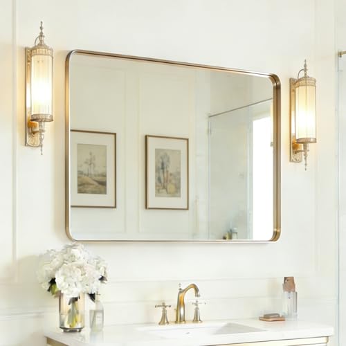 USHOWER Gold Bathroom Mirror 30"x40", Rectangle Mirror for Bathroom Sink | Brushed Champagne Brass Gold Vanity Mirror for Wall, Aluminum Frame, Anti-Rust, Tempered Glass - color: Brushed Gold, size: 30"L x 40"W