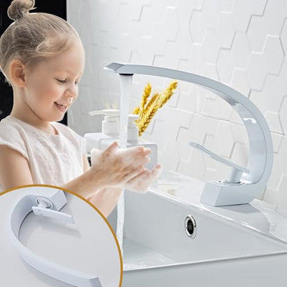 White Finish Bathroom Sink Faucet,Unique Design and Pop Up Drain - color: White