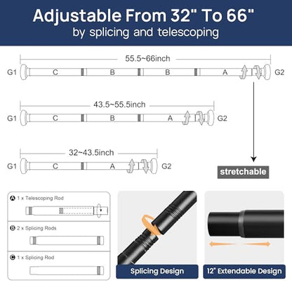 ENJOYBASICS 2 Pack Tension Curtain Rod, 32-66" Adjustable, Stable, Black | Secure Hold with Strong Spring & Non-Slip Ends, No-Drill, No Tools, Sag-Resistant, Waterproof, Fits Windows, Showers & Closet - color: Black, size: 32-66"