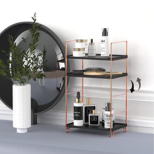 Plastic/Metal Freestanding Stackable Organizer Shelf,Bathroom Countertop Storage Shelf Cosmetic Organizer Holder Kitchen Spice Rack,3-Tier Standing Rack (Rose Gold@Black) - color: Rose Gold&black