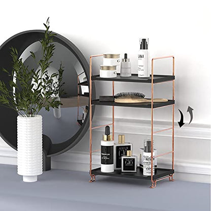 Plastic/Metal Freestanding Stackable Organizer Shelf,Bathroom Countertop Storage Shelf Cosmetic Organizer Holder Kitchen Spice Rack,3-Tier Standing Rack (Rose Gold@Black) - color: Rose Gold&black