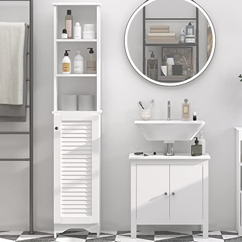 HOMCOM Tall Bathroom Storage Cabinet Freestanding with 3-Tier Shelf White | Linen Tower, Open Adjustable Shelf