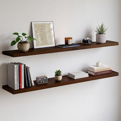 Walnut 60 inch Floating Shelf, High End Solid Real Wood 60inch Long Floating Shelf for Wall, Dark Brown Wooden 60in Large Floating Shelves, Heavy Duty Bracket, 60 X 6.5 X 1.75 inch, Set of 2 - color: American Walnut - Satin Dark Tone, size: 60 inch