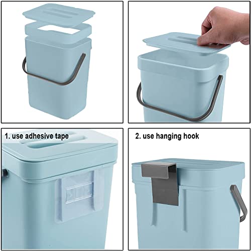 LALASTAR 5L+7L Kitchen Compost Bin, Hanging Trash Can with Lid for Kitchen Cabinet Door, Under Sink, Wall Mounted Waste Bin for Bathroom, Blue