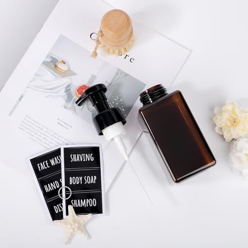 Segbeauty 15.2oz Amber Plastic Refillable Foaming Soap Dispenser Pump Bottle for Bathroom, 4pcs Empty Shampoo Foamer Bottle with Foaming Pump, 450ml Square Kitchen Liquid Soap Dispenser with Labels - color: Amber, style: 4pcs 15.2oz