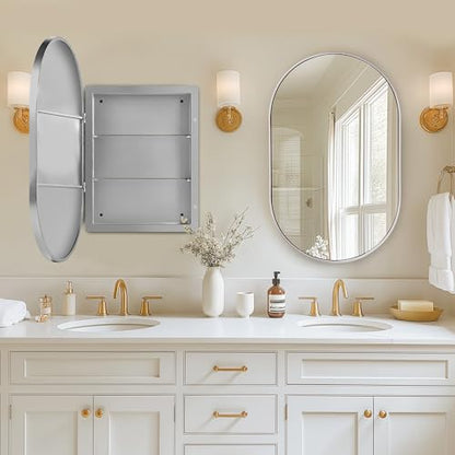 DlandHome Oval Bathroom Medicine Cabinet with Mirror, 34”x20” Recessed Medicine Cabinet for Bathroom with Beveled Edge Mirror, Silver - color: Silver